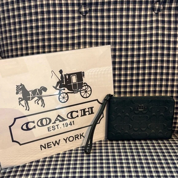 Coach Dark Green Embossed Wristlet - Picture 1 of 8